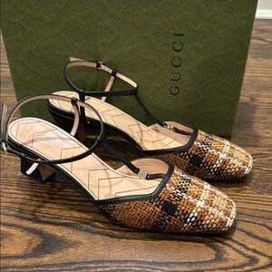 Gucci Charlotte tweed slingback pump brown black 40.5